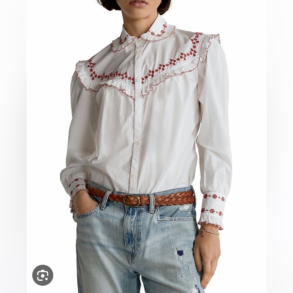 NWT Polo Ralph Lauren Women's Western Ruffle Trim Embroidered Cotton Shirt Sz L